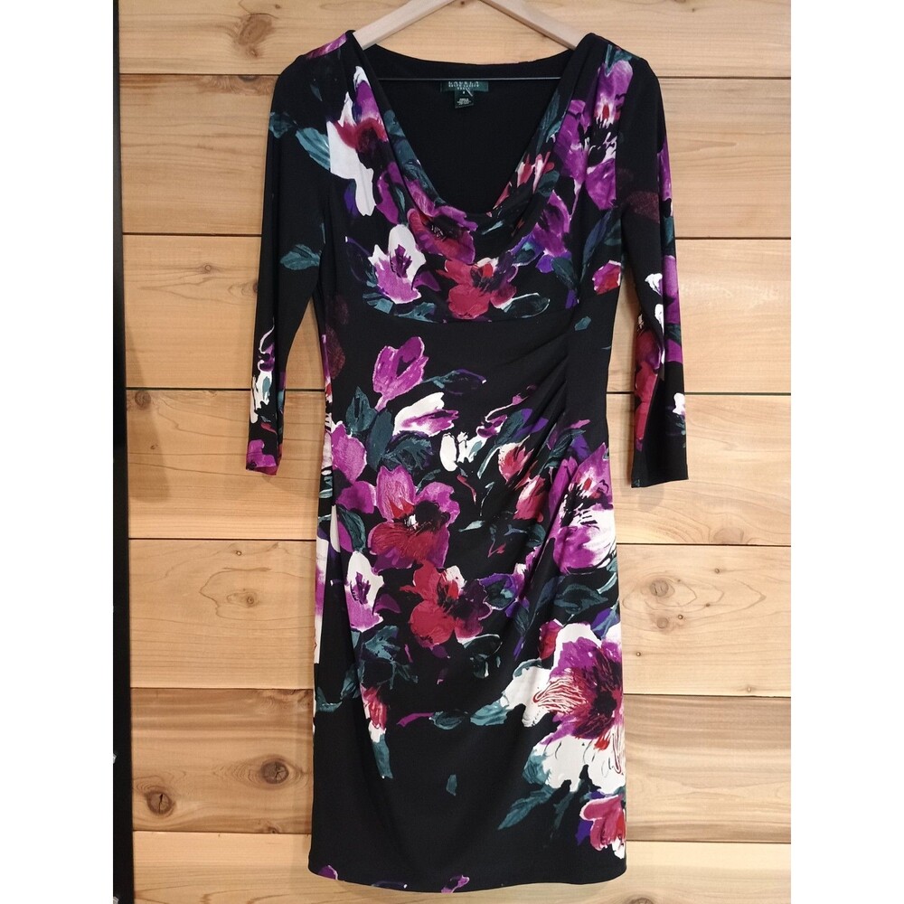 Ralph Lauren Women's Black Floral Long Sleeve Stretch Cocktail Party Dress Sz 8